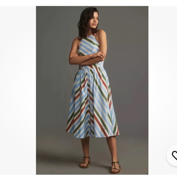 NWT Anthropologie Maeve Halter Midi Dress XL Striped $168 Blue White A-Line - Picture 2 of 11